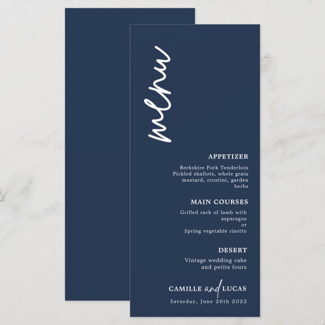 Minimalistisches blaues Hochzeitmenü Menükarte (Vorne/Hinten)