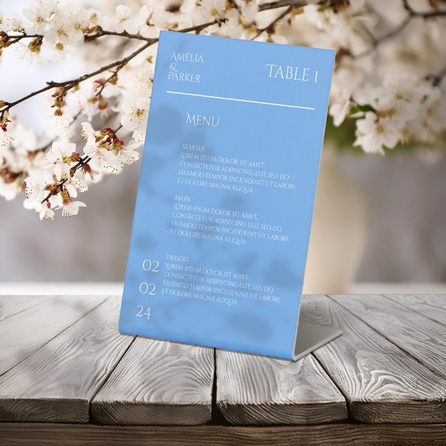 Minimalistisches blaues Hochzeitmenü Sockelschild (Von Creator hochgeladen)