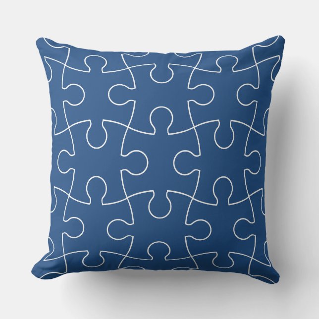 Minimalistisches blaues und weißes Puzzleteil-Must Kissen (Vorderseite)