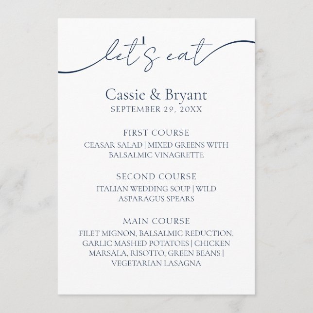 Minimalistisches Blue Modern Script Wedding Menu Menükarte (Vorderseite)