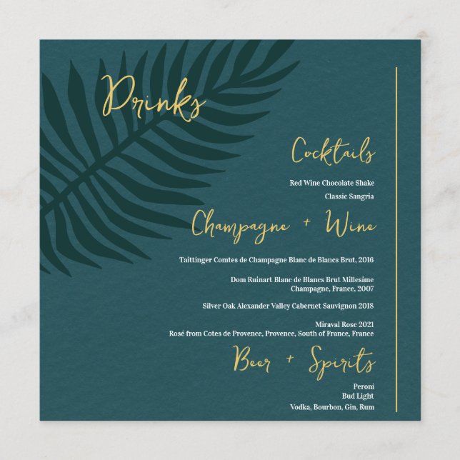 Minimalistisches Blue Palm Leaf Wedding Drinks Bar Menükarte (Vorderseite)