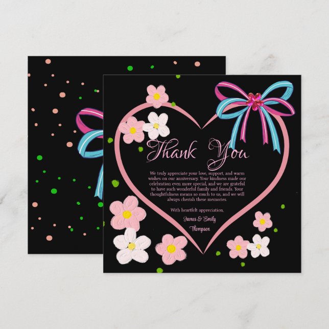 Minimalistisches Blumenrosa und Schwarzes Hochzeit Dankeskarte (Vorne/Hinten)