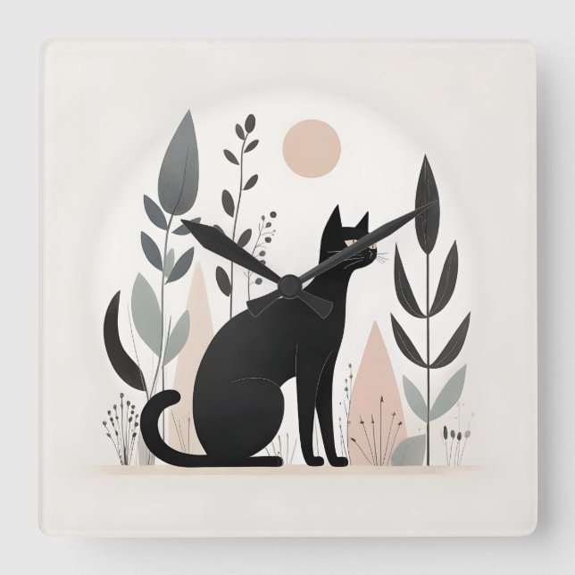 Minimalistisches Boho Black Cat Forest Kinderzimme Quadratische Wanduhr (Vorderseite)