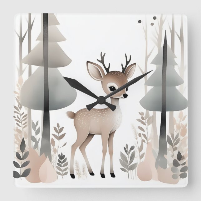 Minimalistisches Boho Deh in Woods Kinderzimmer Ki Quadratische Wanduhr (Vorderseite)