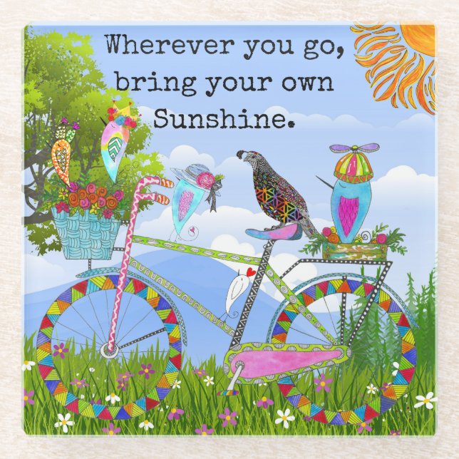 Minimalistisches Boho Floral Bicycle and Birds Glasuntersetzer (Vorderseite)