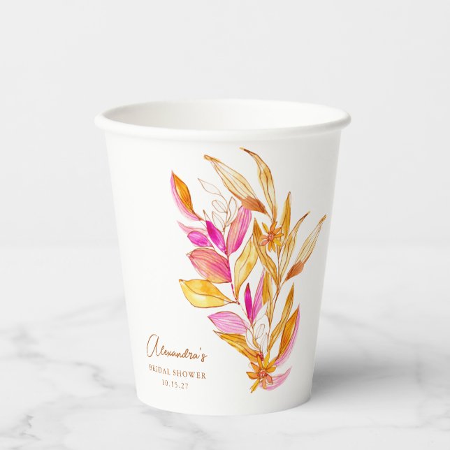 Minimalistisches botanisches Brautparty in Rosa un Pappbecher (Vorderseite)