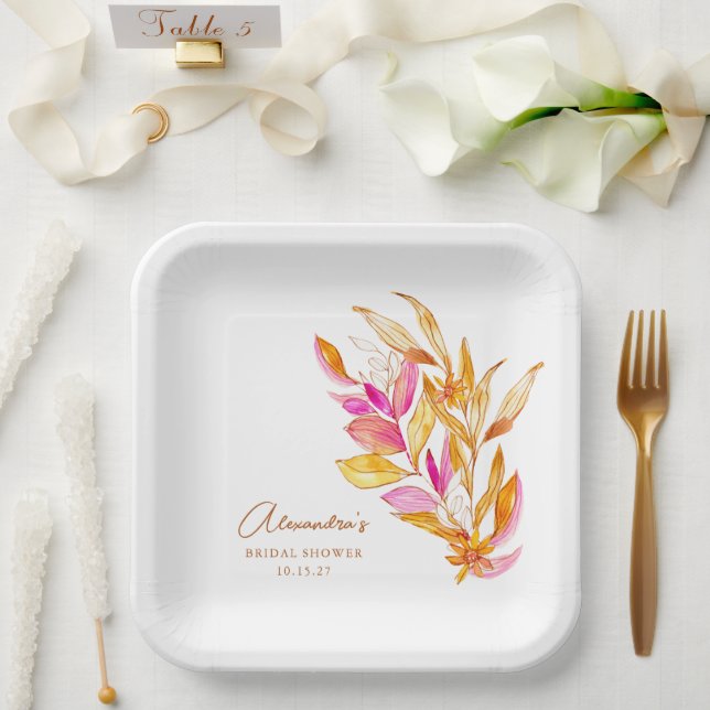 Minimalistisches botanisches Brautparty in Rosa un Pappteller (Hochzeit)