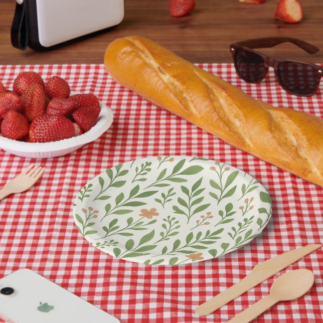 Minimalistisches botanisches Muster mit grünen Blä Pappteller (Picknick)