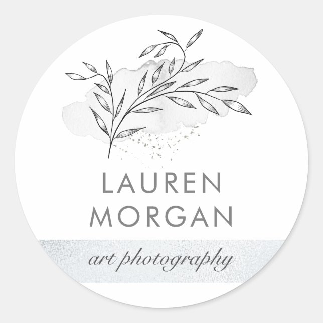 minimalistisches botanisches Silbermonogramm Runder Aufkleber (Vorderseite)