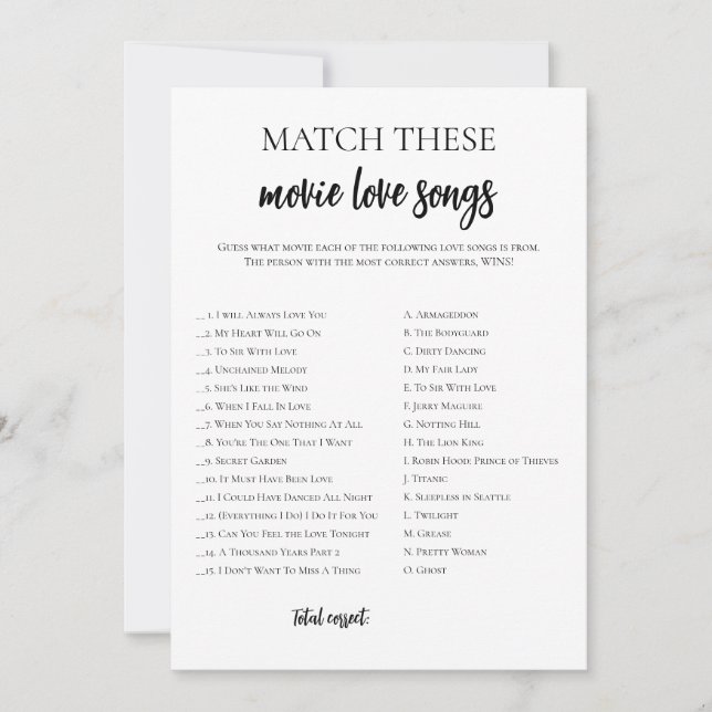 Minimalistisches Brautparty Film Liebe Song Match Einladung (Vorderseite)