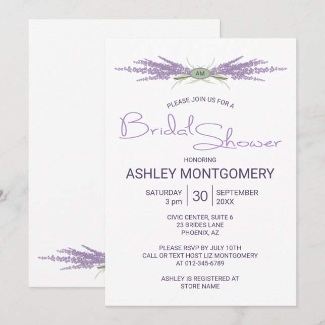 Minimalistisches Brautparty Lavender Blume Bündel Einladung (Vorne/Hinten)