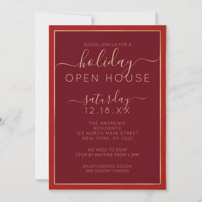Minimalistisches Burgund Gold Border Holiday Open  Einladung (Vorderseite)