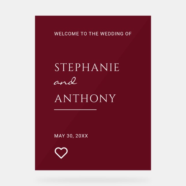 Minimalistisches Burgund mit Heart Modern Wedding Acrylschild (Vorderseite)