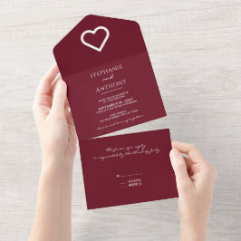 Minimalistisches Burgunder Herz Moderne Hochzeit All In One Einladung