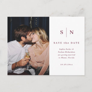 Minimalistisches burgunderrotes Foto Hochzeit Save Postkarte