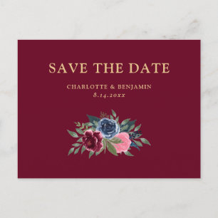 Minimalistisches Burgundy Navy Blauer Floral Save  Ankündigungspostkarte