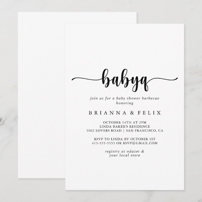 Minimalistisches Calligraphy BabyQ Baby Shower Bar Einladung (Vorne/Hinten)