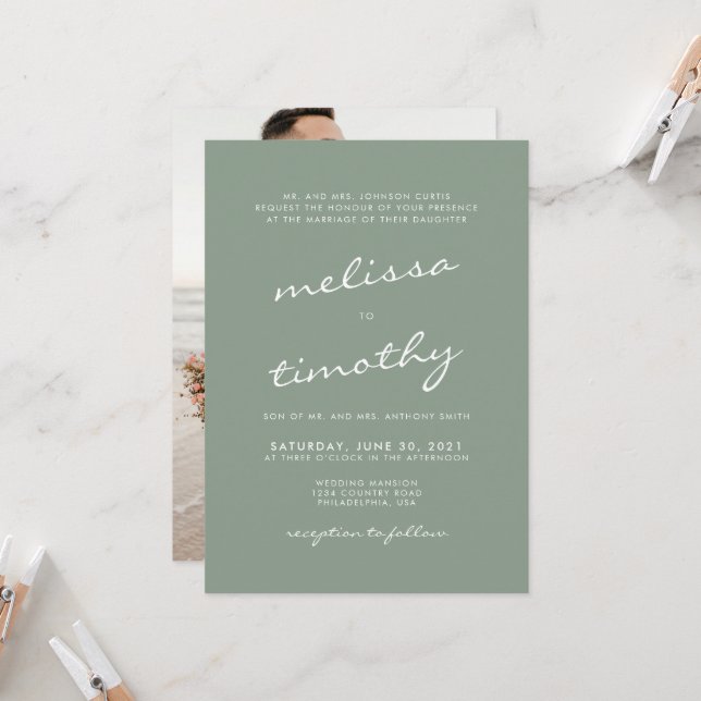 Minimalistisches Calligraphy Sage Green Wedding Fo Einladung (Vorderseite/Rückseite Beispiel)