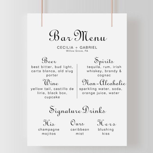 Minimalistisches Calligraphy Wedding Bar Menu Post Poster (Von Creator hochgeladen)