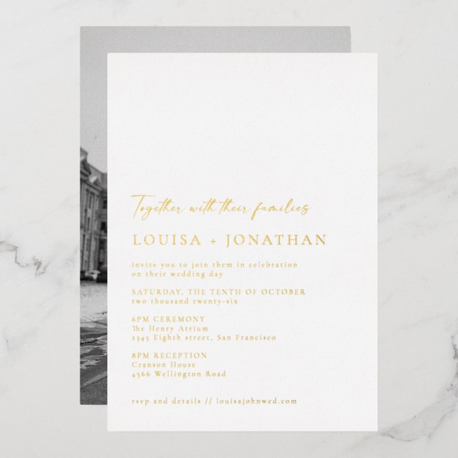 Minimalistisches Chic Script Foto Hochzeit Elegant Folieneinladung (Vorderseite/Rückseite)
