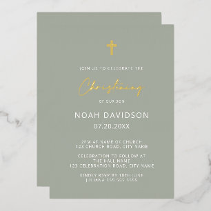 Minimalistisches Christening Grau Green & Gold Folieneinladung
