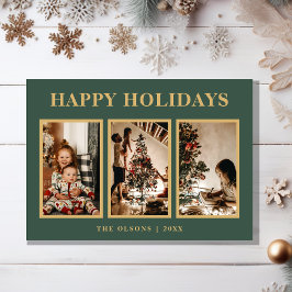 Minimalistisches Classic Holidays Green Drei Foto Feiertagskarte