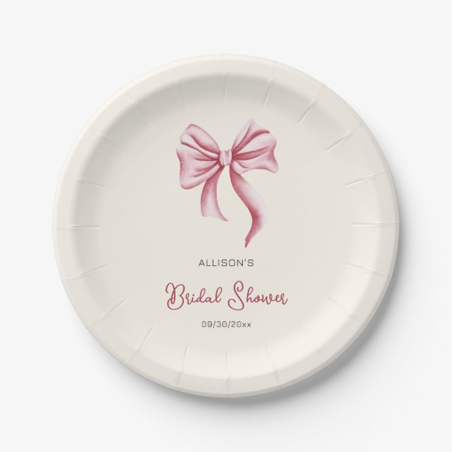 Minimalistisches Creme Blush Pink Bow Brautparty Pappteller (Vorderseite)