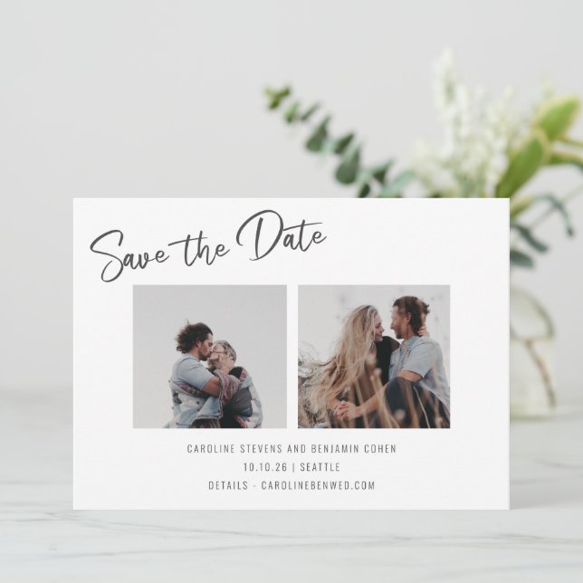 Minimalistisches Drehbuch Drei Foto Doppelseitige  Save The Date (Stehend Vorderseite)