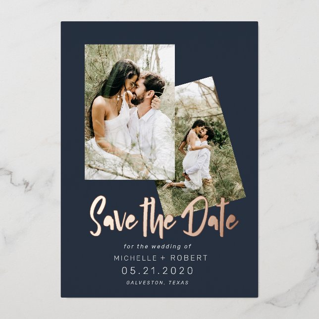 Minimalistisches Drehbuch zwei Foto Save the Date  Folieneinladung (Vorderseite)