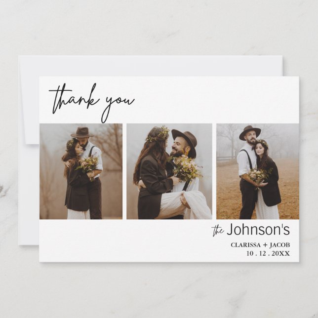 Minimalistisches Drei-Foto-Hochzeit Dankeschön-Kar Einladung (Vorderseite)