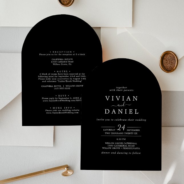 Minimalistisches dunkles Schwarz in einer Boho-Arc Einladung (Minimalist Dark Black All In One Boho Arch Wedding Invitation)