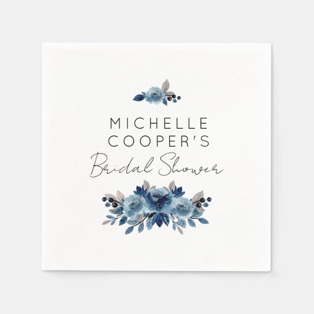 Minimalistisches Dusty Blue und Navy Floral Serviette (Vorderseite)
