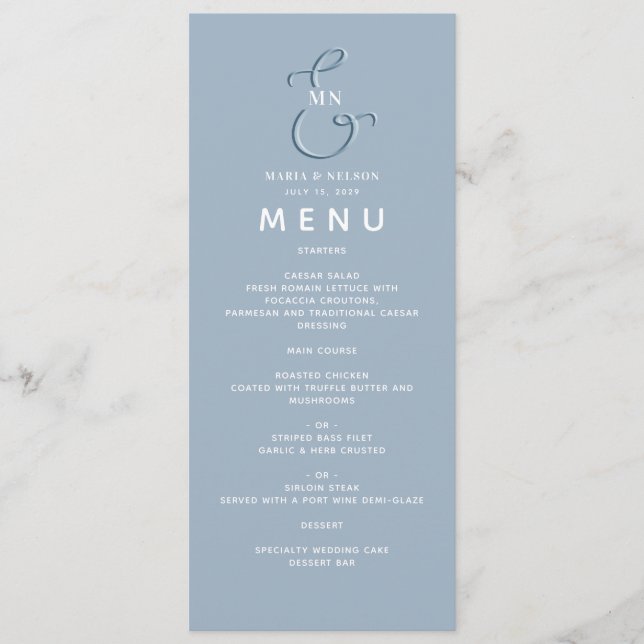 Minimalistisches Dusty Blue Wedding Menu Menükarte (Vorderseite)
