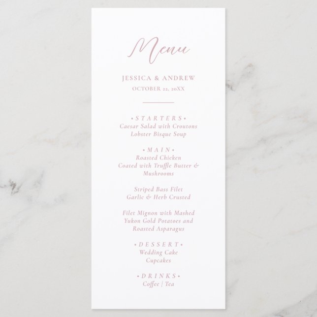 Minimalistisches Dusty Pink & White Simple Wedding Menükarte (Vorderseite)