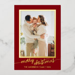 Minimalistisches Ein Foto Script Frohe Weihnachten Folien Feiertagskarte<br><div class="desc">Modernes,  elegantes und minimalistisches Design mit einem Foto in einem rechteckigen Rahmen mit Schrift "fröhliche Weihnachten" in Variation von Urlaubsstielfarben.</div>
