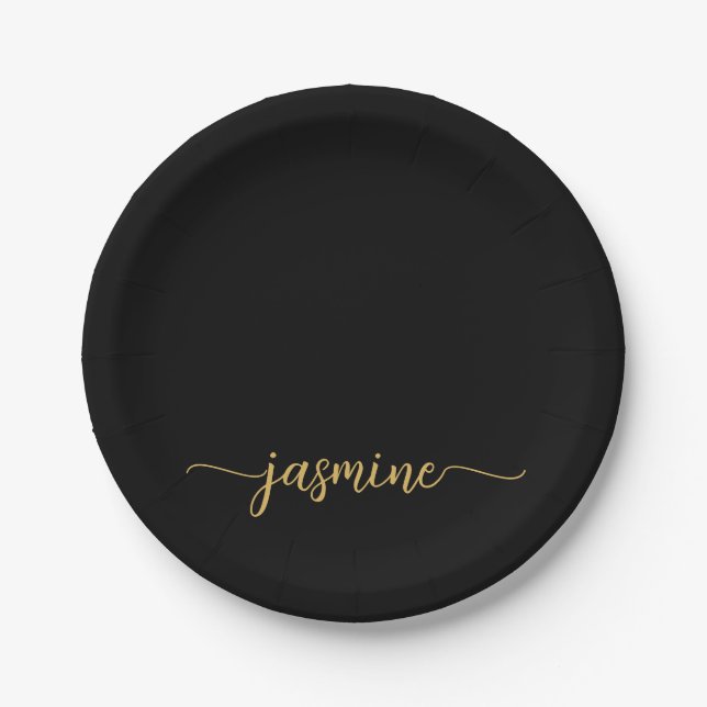Minimalistisches einfaches Black-Gold-Girl-Monogra Pappteller (Vorderseite)