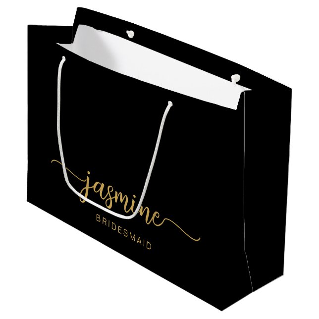 Minimalistisches einfaches Black-Gold Monogram-Gir Große Geschenktüte (Vorderseite Schrägansicht)