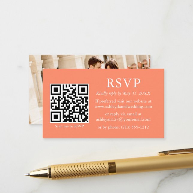 Minimalistisches einfaches Foto Hochzeit QR Korall Begleitkarte (Vorderseite/Rückseite Beispiel)