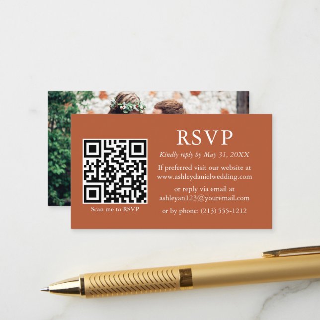 Minimalistisches einfaches Foto Hochzeit QR Terrac Begleitkarte (Vorderseite/Rückseite Beispiel)