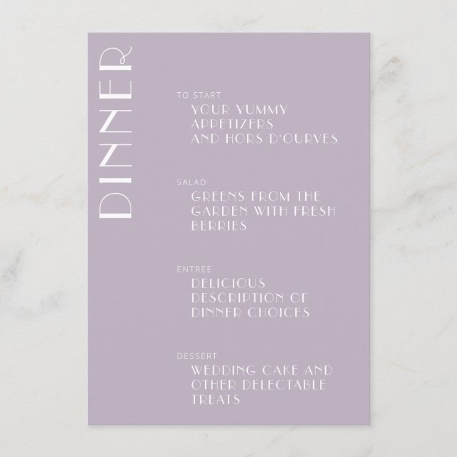 Minimalistisches Elegantes Dusty Lilac Menükarte (Vorderseite)