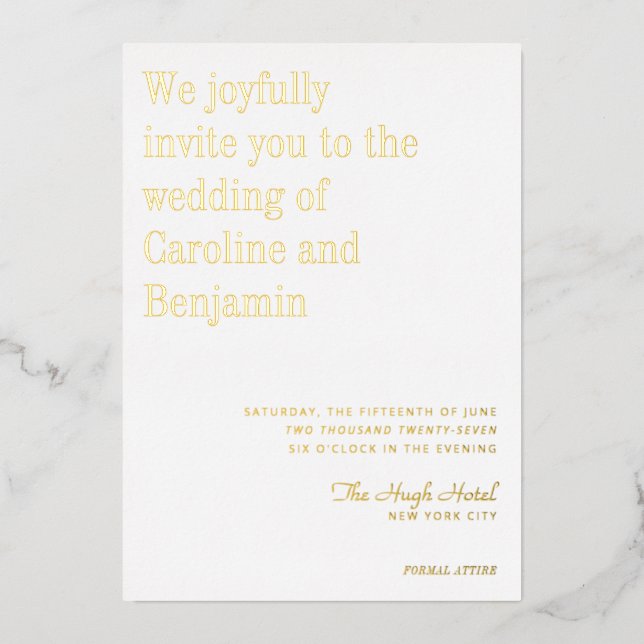 Minimalistisches elegantes, modernes Hochzeitsweiß Folieneinladung (Vorderseite)