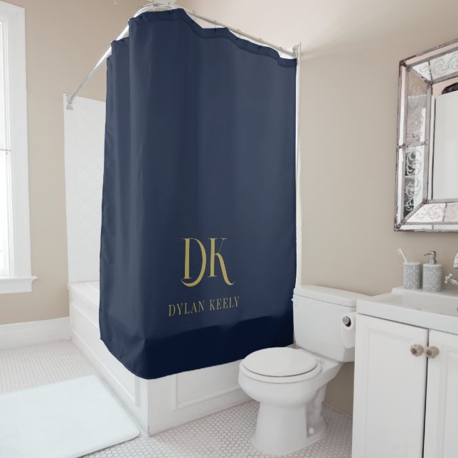 Minimalistisches, elegantes Monogram Dark Blue Gol Duschvorhang (Beispiel)