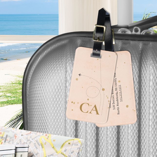 Minimalistisches, elegantes Monogramm-Goldpfirsich Gepäckanhänger (Minimalist Elegant Monogram Gold Peach Pink Luggage Tag ©Susanne Sachers - Sunny Wanderlust 🌞✈️)