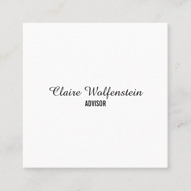 Minimalistisches, elegantes Skript Schwarz und Wei Quadratische Visitenkarte (Vorderseite)