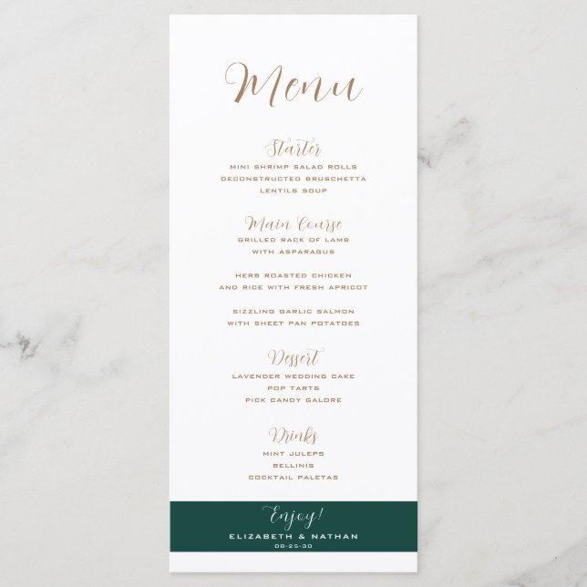Minimalistisches Emerald Green & Gold Wedding Menu Menükarte (Vorderseite)