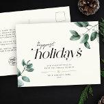 Minimalistisches Eukalyptus-Firmenlogo Feiertagspostkarte<br><div class="desc">Stilvolle,  elegante Schrift Typografie Design Business Urlaub Postcard Lesen glücklichen Holidays neben modernen eucalyptus Aquarell Illustrationen über eine gedruckte Gold Schneeflocke,  Ihren eigenen Text und Nachricht. Auf der Rückseite ist Platz für eine weitere Nachricht und Ihr Firmenlogo. Diese moderne,  minimalistische,  nichtkonfessionelle Dankesbotschaft ist perfekt für Geschäfts- oder Urlaubsgrußkarten.</div>
