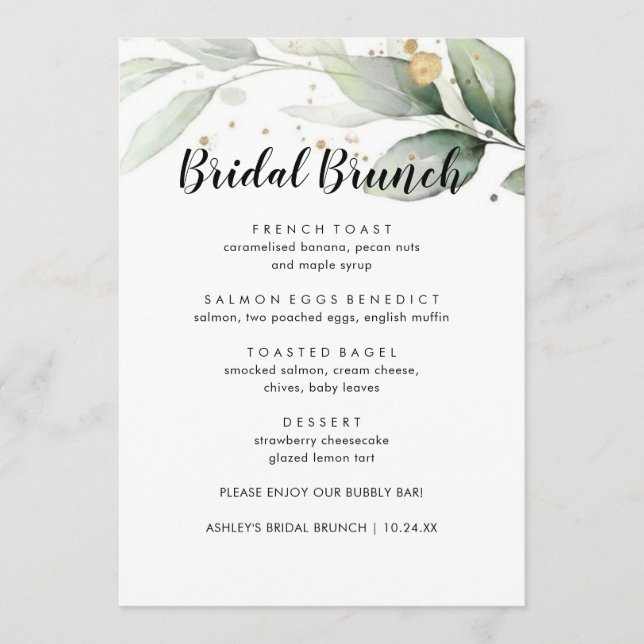 Minimalistisches Eukalyptus Floral Bridal Brunch M Menükarte (Vorderseite)