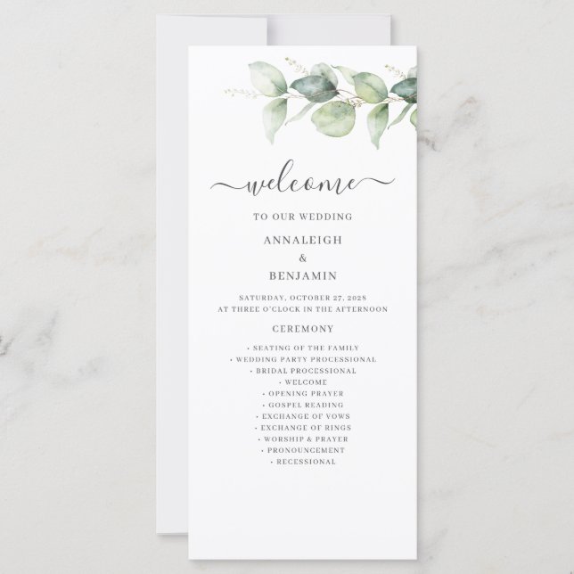 Minimalistisches Eukalyptus Greenery-Hochzeitsprog (Vorderseite)