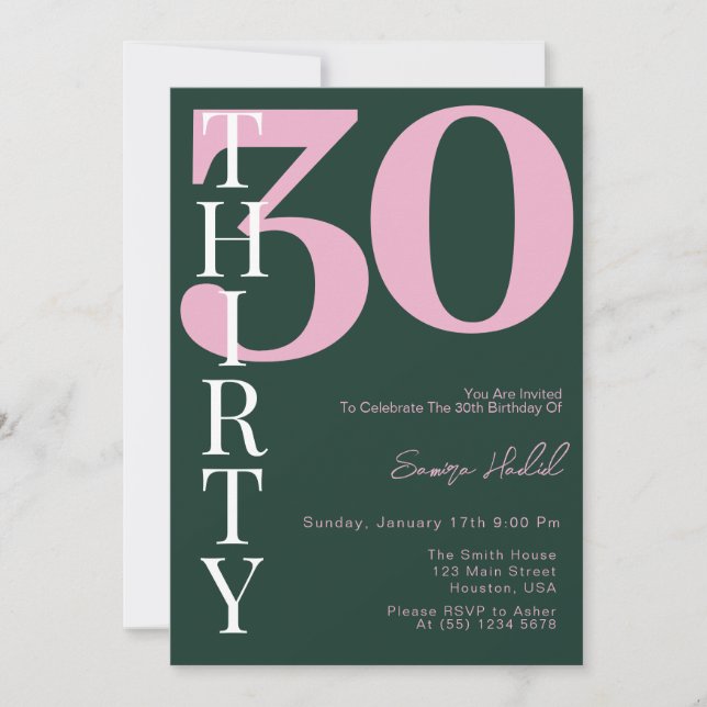Minimalistisches feines Rosa Dreißigjähriges Party Einladung (Vorderseite)