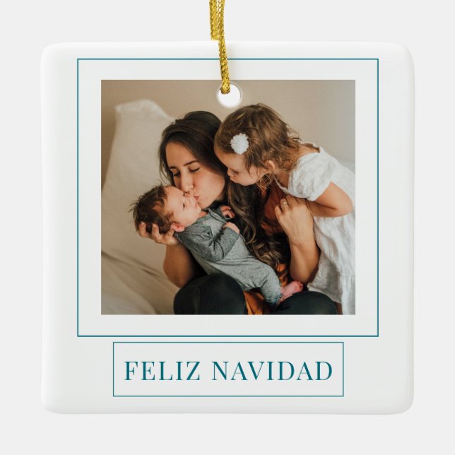 Minimalistisches Feliz Navidad Aquamarines Foto Keramikornament (Vorderseite)